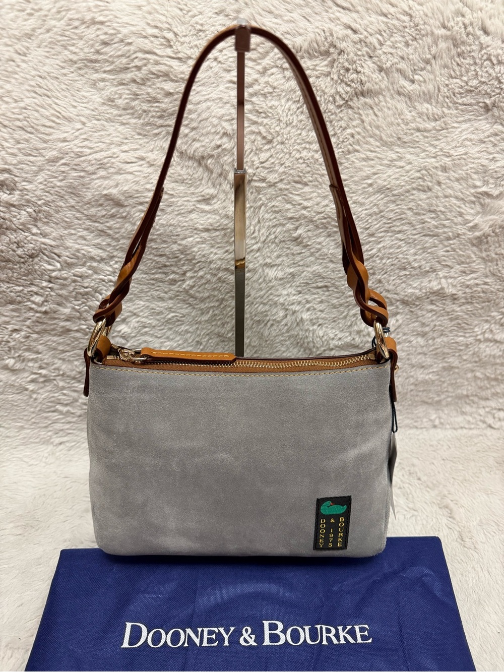 Dooney & Bourke Gray Suede Chloe 30 Shoulder Bag with Brown Leather Strap- NWT